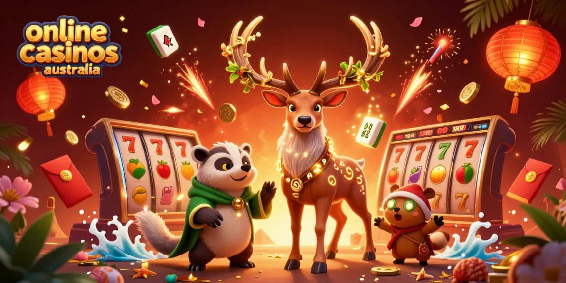 Experience the excitement of online casinos Australia with vibrant slot reels and dynamic characters.