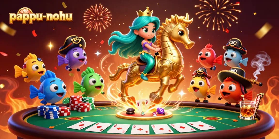 Pappu-nohu features an exciting scene with a mermaid princess, giant seahorse, and poker elements.