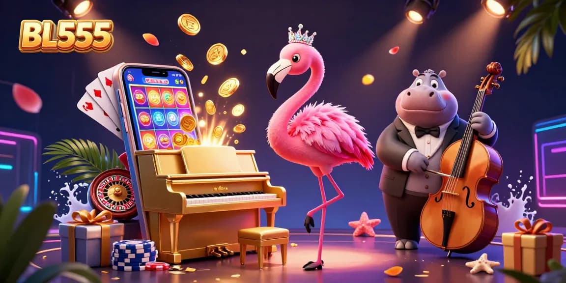 Experience the BL555 excitement with vibrant 3D casino elements and characters.