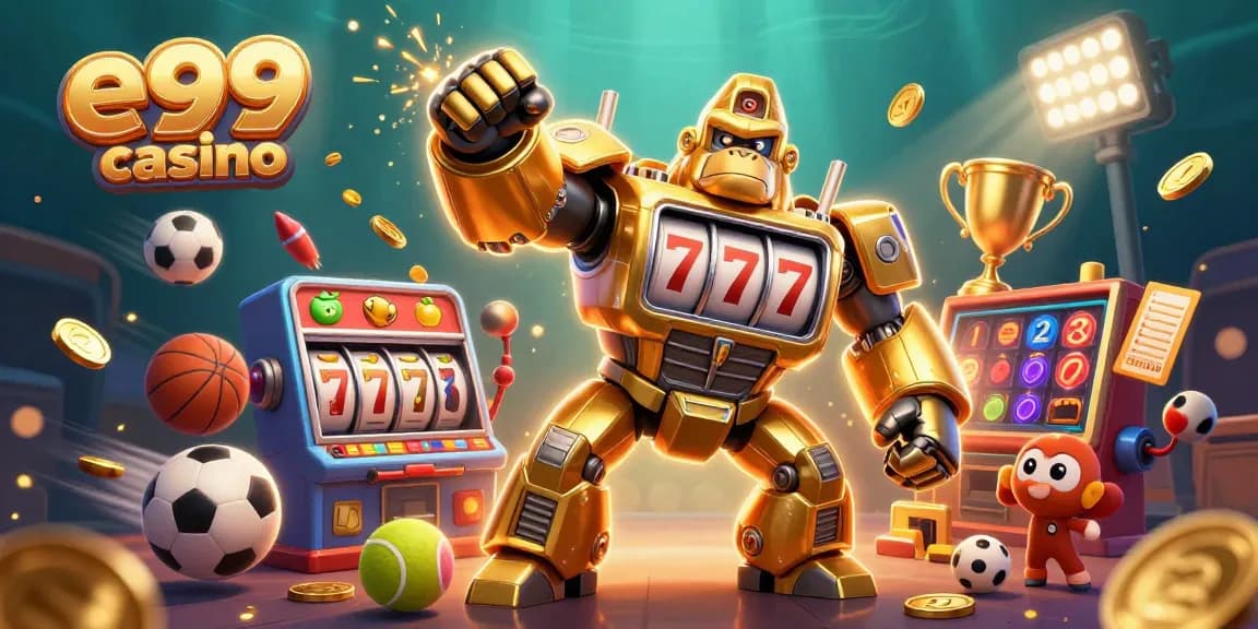 Experience thrilling action at e99 casino with dynamic 3D illustration showcasing a golden gorilla mech.