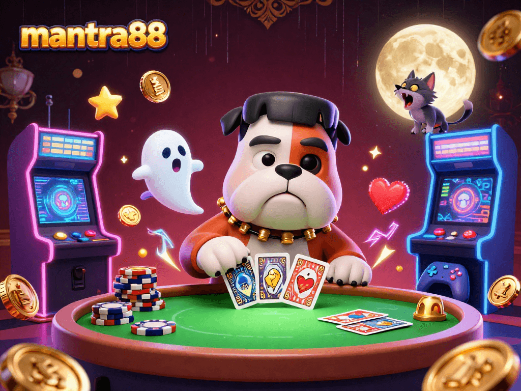 Engage with mantra88 at a lively casino scene featuring a cartoon bulldog dealer and playful spirits.