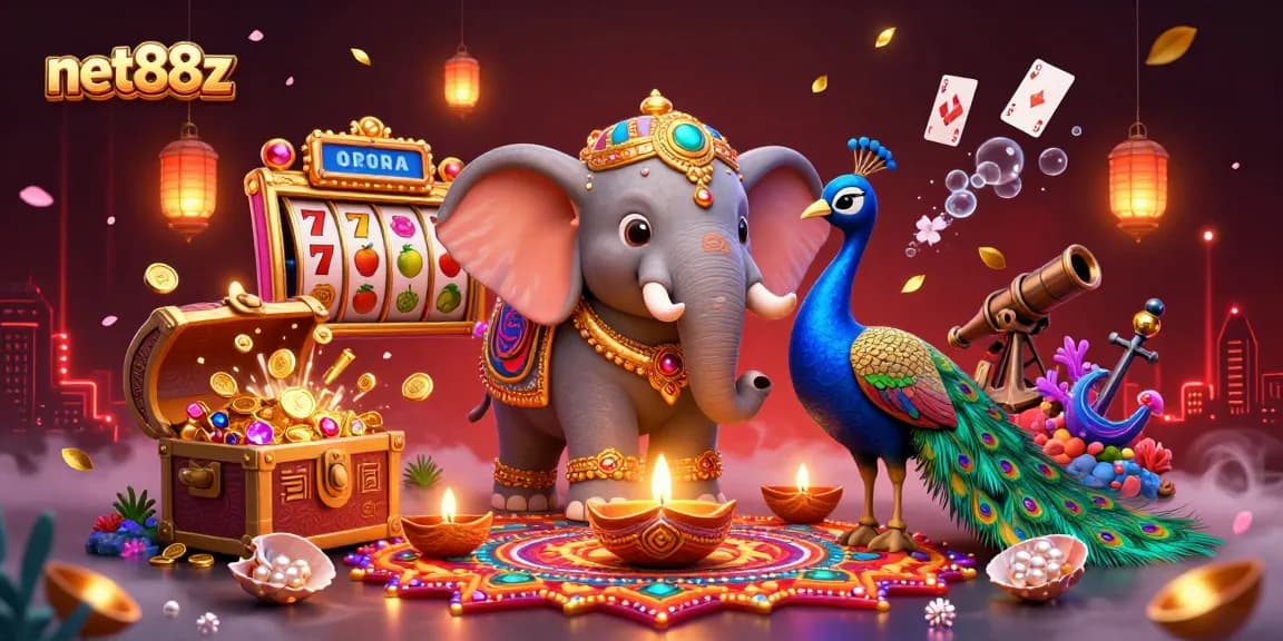 Experience net88z with vibrant 3D casino elements featuring colorful Diwali-themed characters and exciting slot games.
