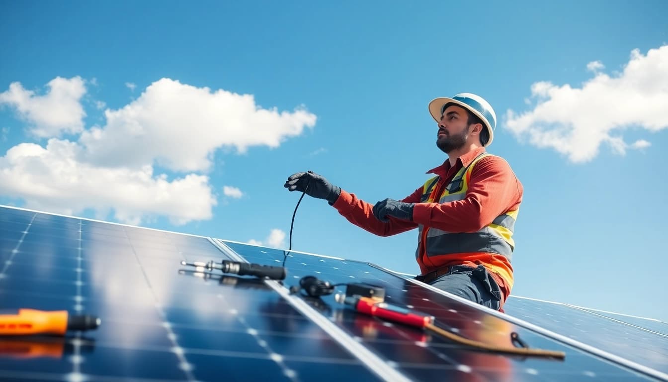 Technician engaged in emergency solar panel repair using tools and equipment.