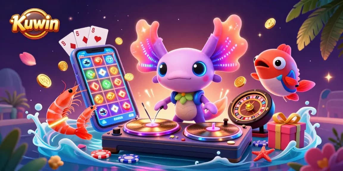 Kuwin casino scene showing a neon-colored DJ axolotl and dancing shrimp with slot game elements erupting coins.