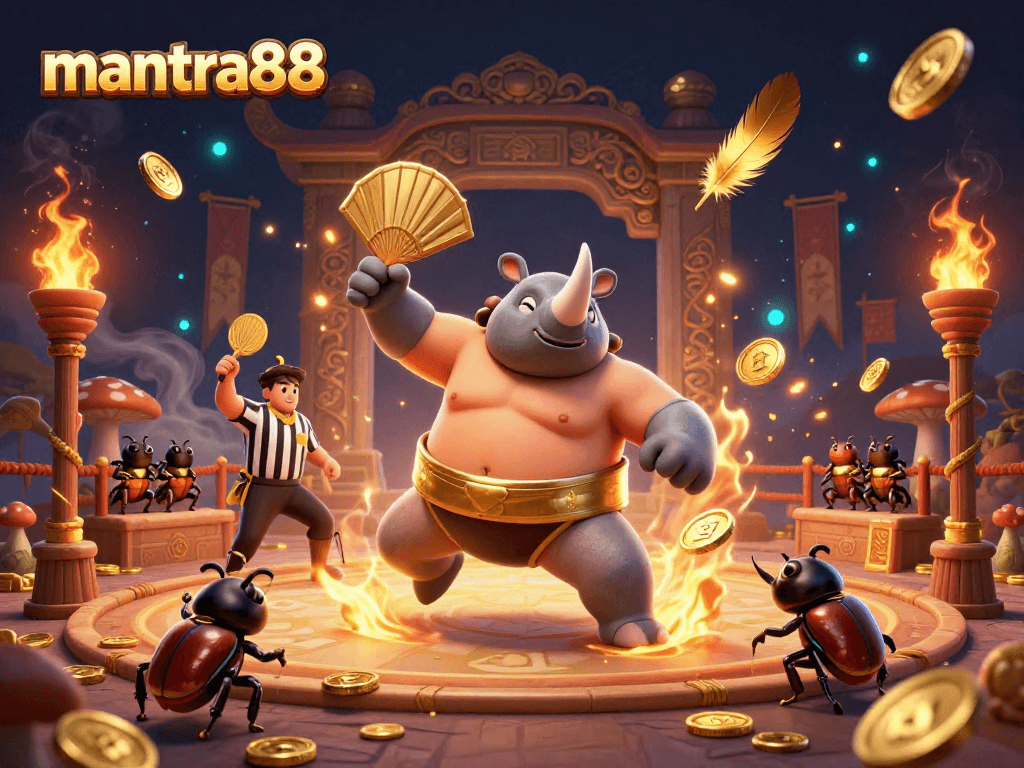 Experience the excitement of mantra88 with an engaging 3D casino scene featuring unique characters and elements.
