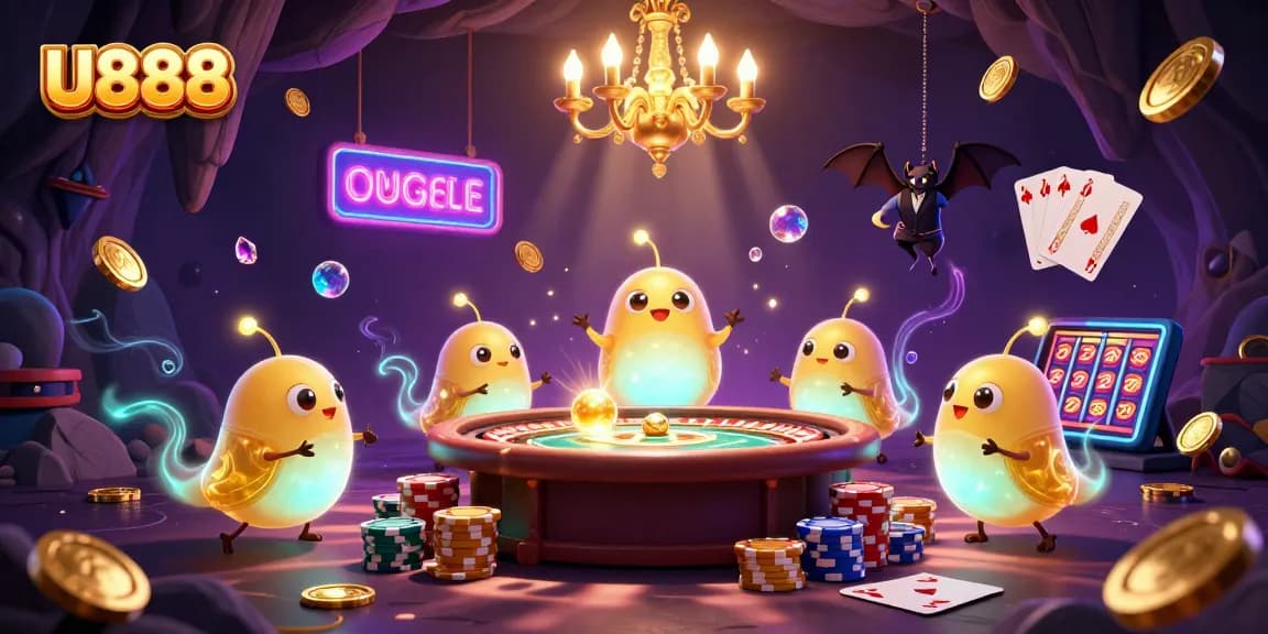 Experience the thrill of U888 with glowworms lighting a vibrant casino scene full of action.