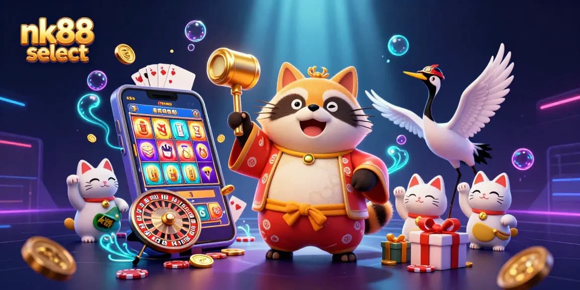 Exciting gaming scene with nk88 select characters and vibrant casino elements in a dynamic 3D illustration.
