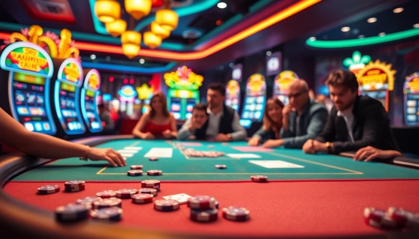 Menikmati permainan Mega888 APK di kasino yang meriah dengan lampu berkilau.
