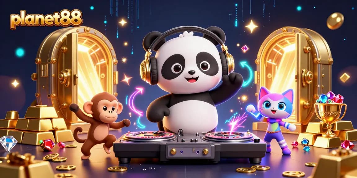 Experience thrilling gameplay at planet88 with vibrant 3D characters and casino elements surrounding them.
