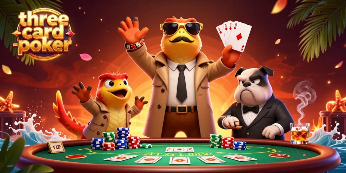 Playing three-card-poker in a casino with raptors in disguise and vibrant game elements.