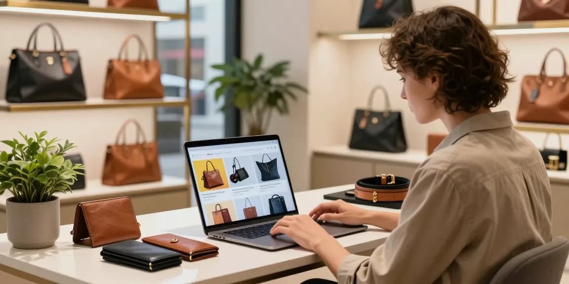Stylish shopper engaging in online shopping for luxury leather products in a modern home office setting.