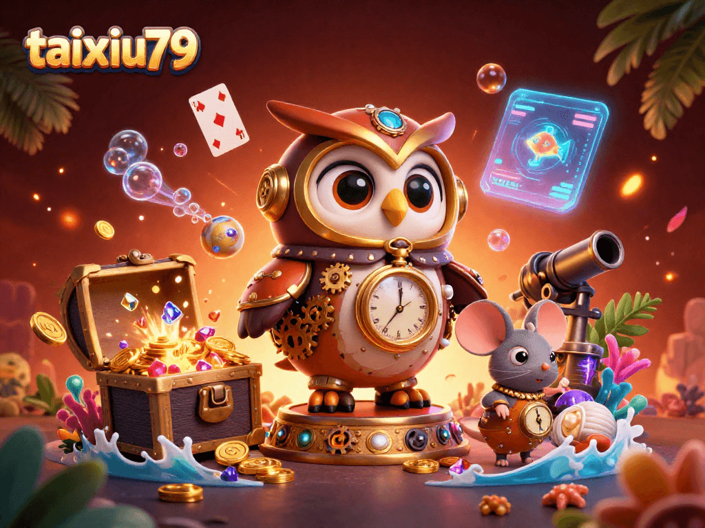 Experience thrilling action with taixiu79 in a vibrant 3D casino illustration featuring steampunk characters and dynamic game elements.