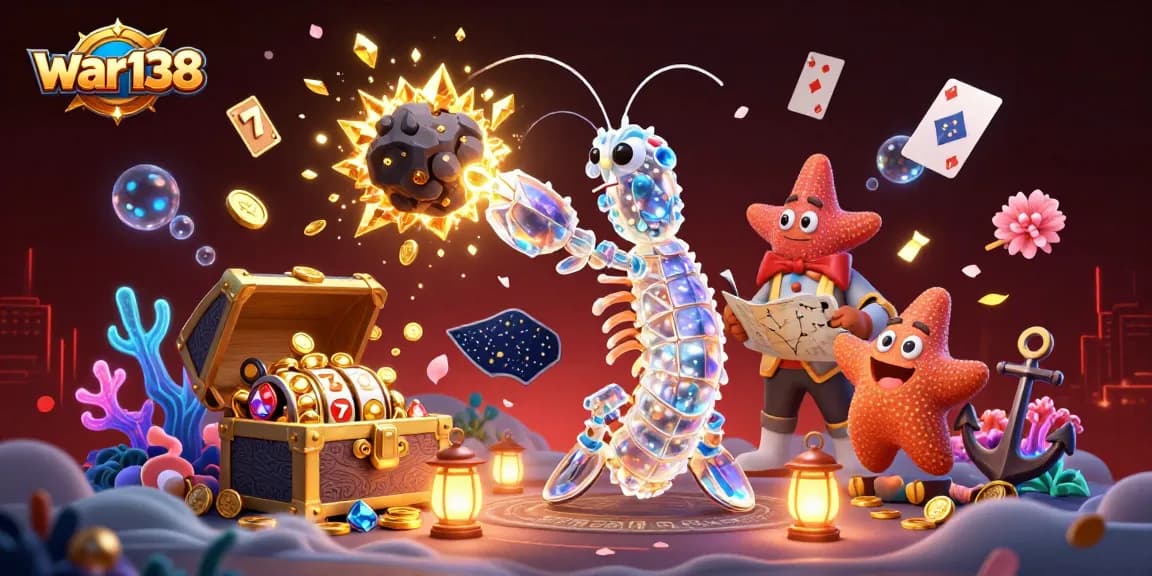 Experience the excitement of war138 with a galactic mantis shrimp and treasures exploding in this vibrant casino scene.