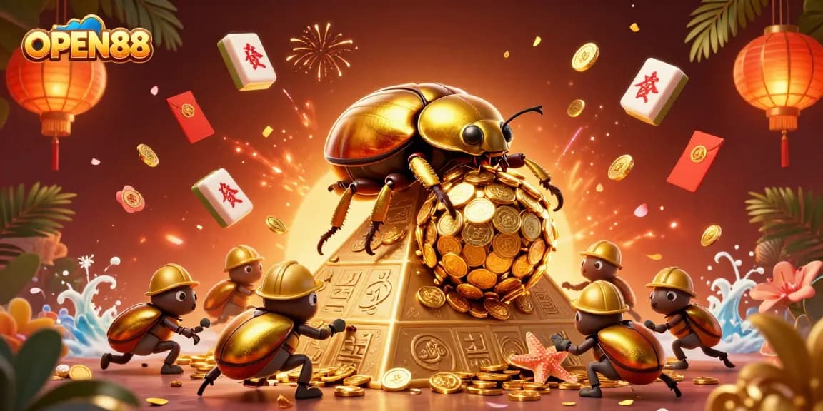 Uncover thrilling adventures with OPEN88 as a golden dung beetle rolls coins toward the jackpot.