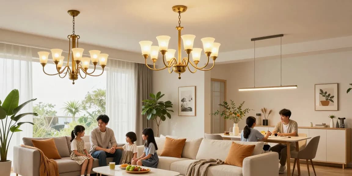 Lustre LED moderne în diverse stiluri care iluminează o cameră de zi primitoare, evidențiind designul și eficiența energetică.
