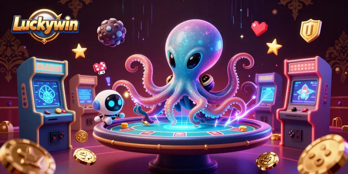 Experience the excitement of Luckywin with a vivid illustration of an alien octopus at a holographic poker table.