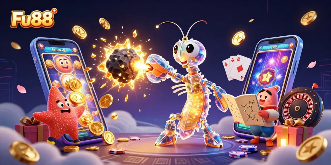 Experience thrilling gameplay at Fu88 with a vibrant 3D scene of a mantis shrimp battling asteroids amidst casino excitement.