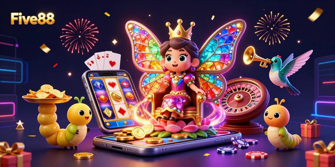 Experience the excitement of Five88 as the butterfly queen reigns over dynamic casino elements.