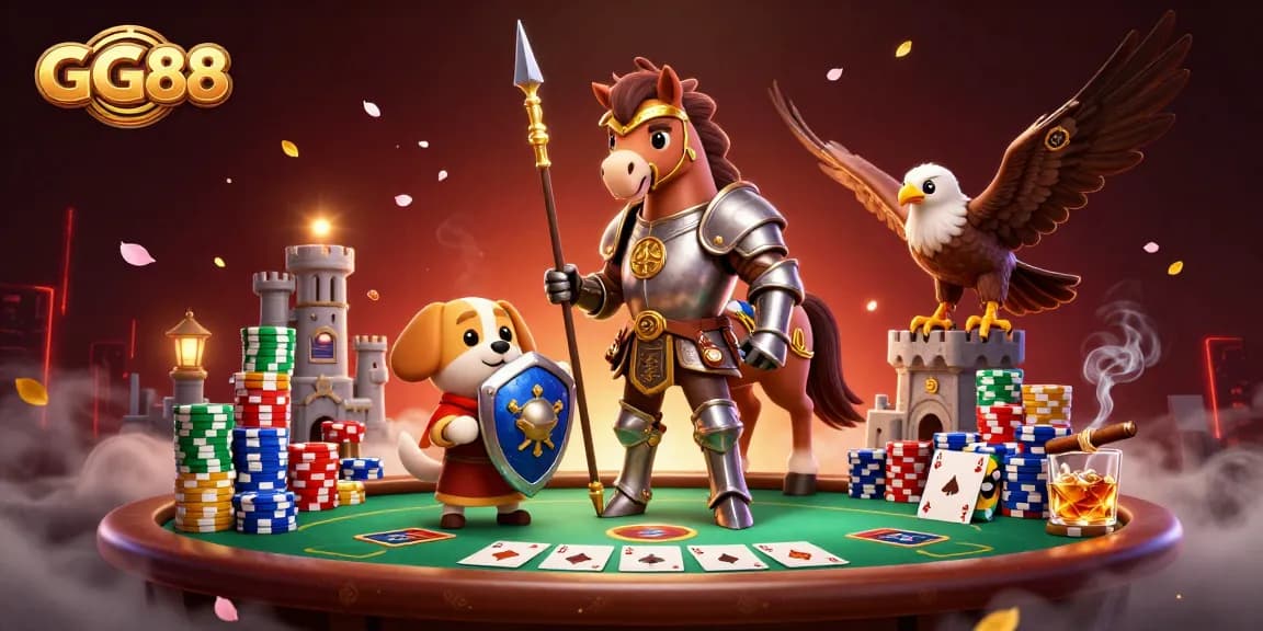 Experience thrilling poker action at GG88 with festive casino characters and elements.
