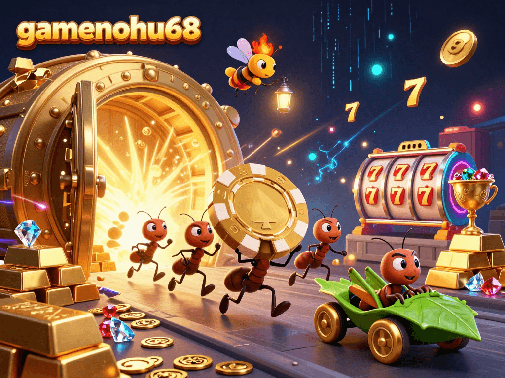 See the gamenohu68 heist scene featuring cartoon ants, golden poker chip, and exciting casino elements.