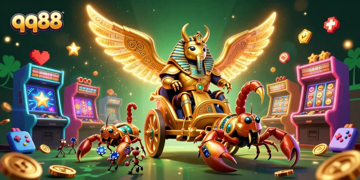 Experience thrilling gameplay with qq88's vibrant casino scene featuring a golden beetle and scorpions.