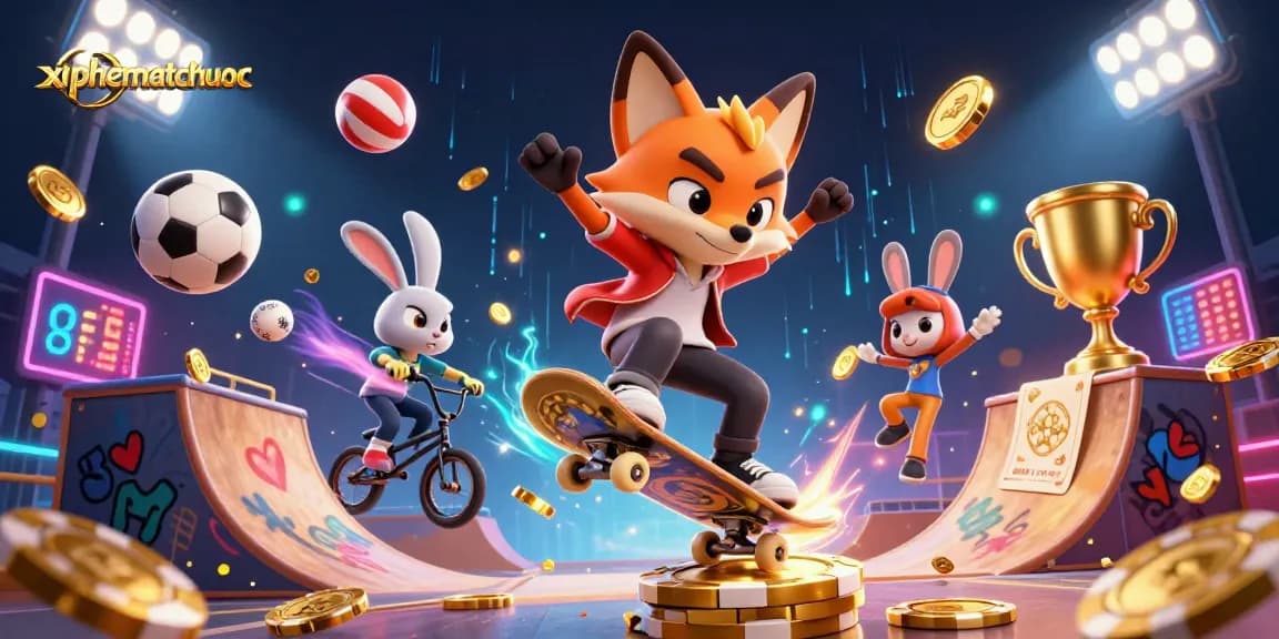 xiphematchuoc showcases an engaging 3D scene with a skateboarder fox and BMX rabbit among dynamic casino elements.