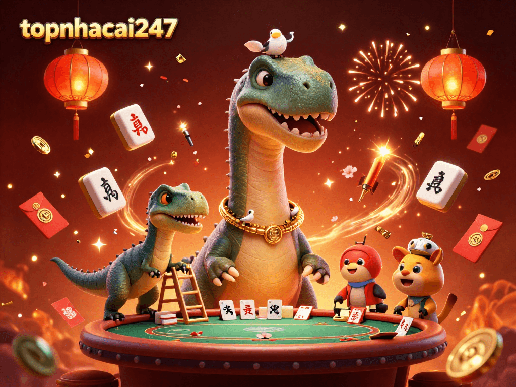Engage in thrilling action at topnhacai247 with a dynamic casino scene featuring a towering brontosaurus and clever raptor.