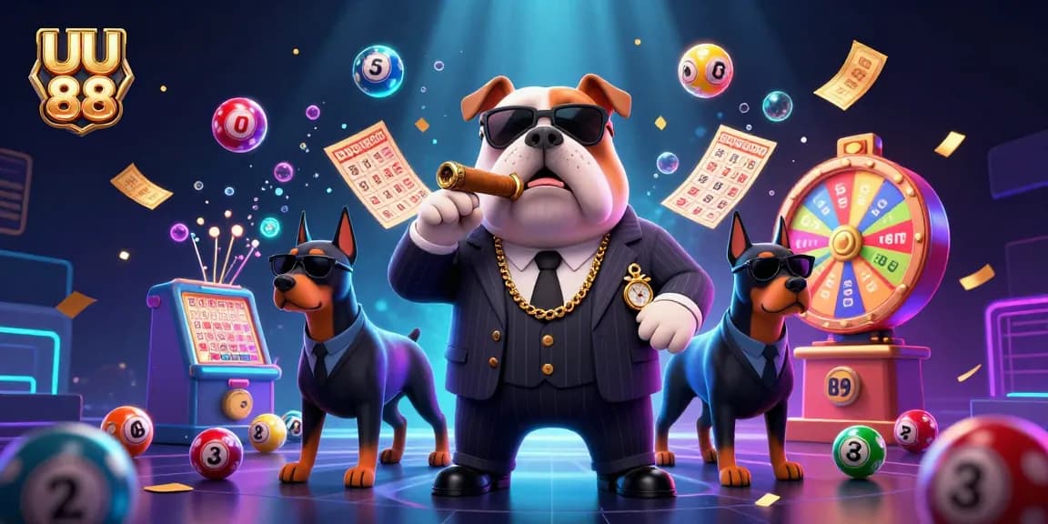 UU 88 Game illustration with mafia boss bulldog, lottery elements, and dynamic casino ambiance.