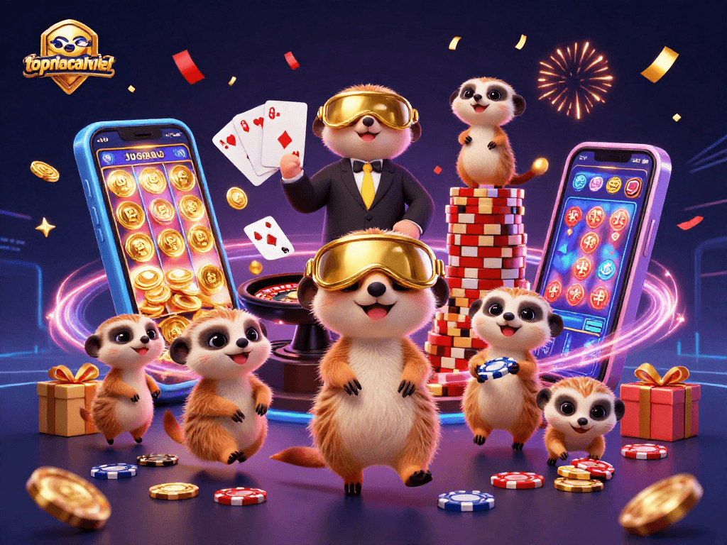 Experience thrilling gameplay at topnhacaiviet with busy meerkats running a casino, surrounded by gaming excitement.