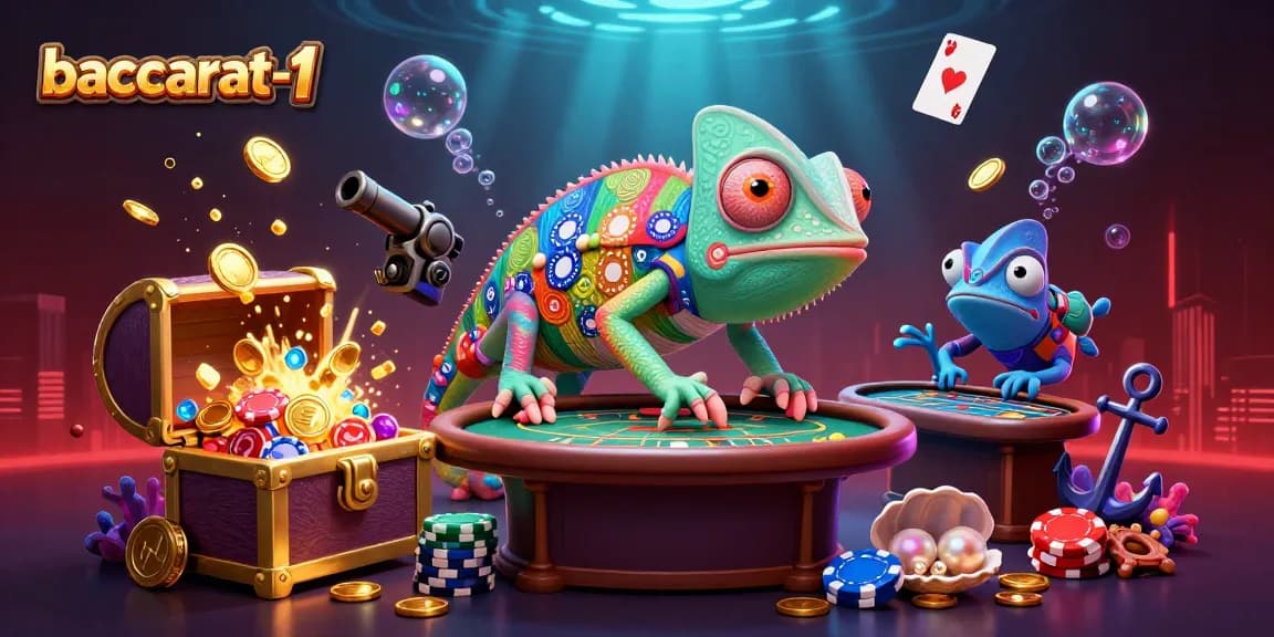 Baccarat-1's vibrant casino world illustrates a chameleon owner capturing gold coins amidst treasure.