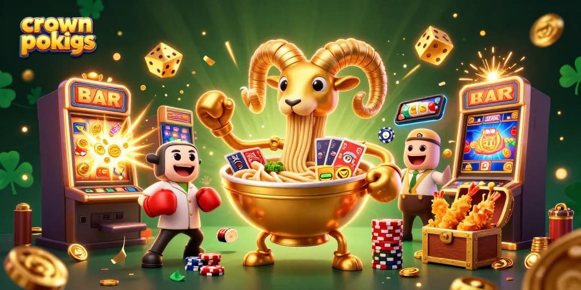 Engage with crown pokies as a giant golden ramen bowl shuffles cards and stacks chips amidst a lively casino scene.