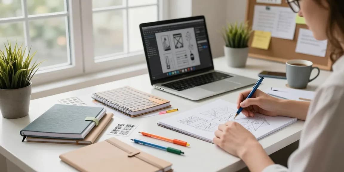 Designing custom printed notebooks in a creative workspace with sketches and samples.