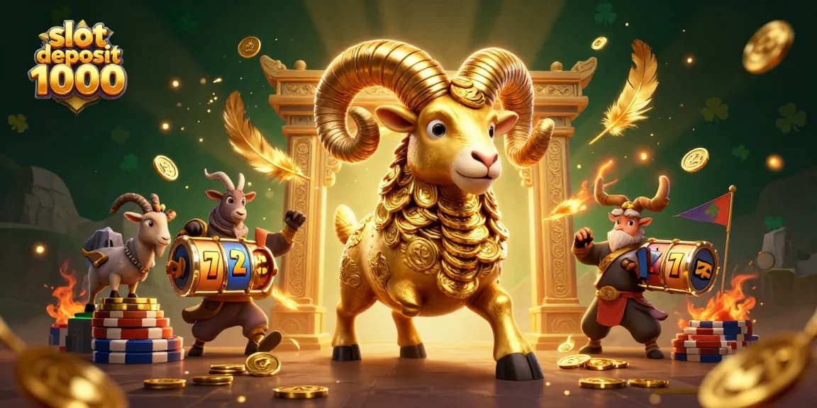 Permainan slot deposit 1000 dengan grafis 3D menampilkan simbol keberuntungan dan suasana kasino yang megah.
