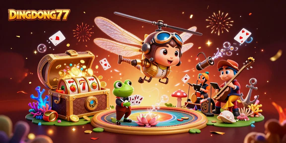 DINGDONG77 showcases a vibrant casino scene with a dragonfly pilot, frog dealer, and jazz musicians.