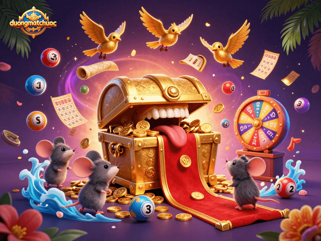 Experience the excitement of duongmatchuoc in a vibrant 3D casino scene filled with alluring treasures and dynamic game elements.