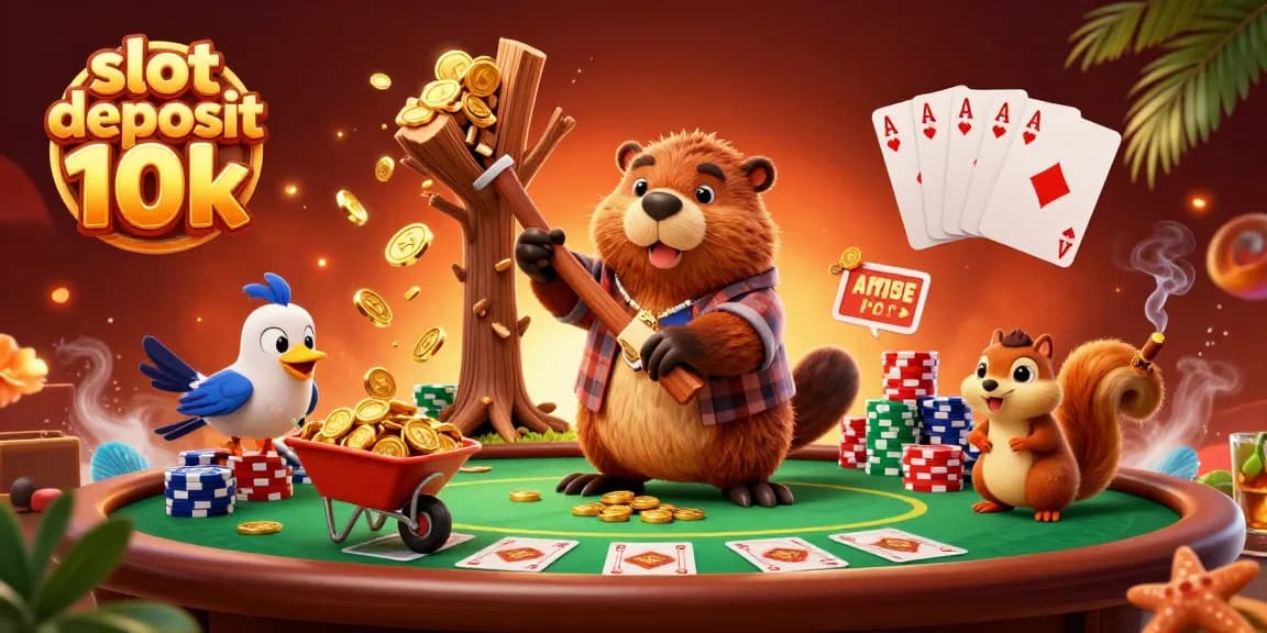 Engage with slot deposit 10k gameplay as a beaver collects golden coins amidst a vibrant casino scene.