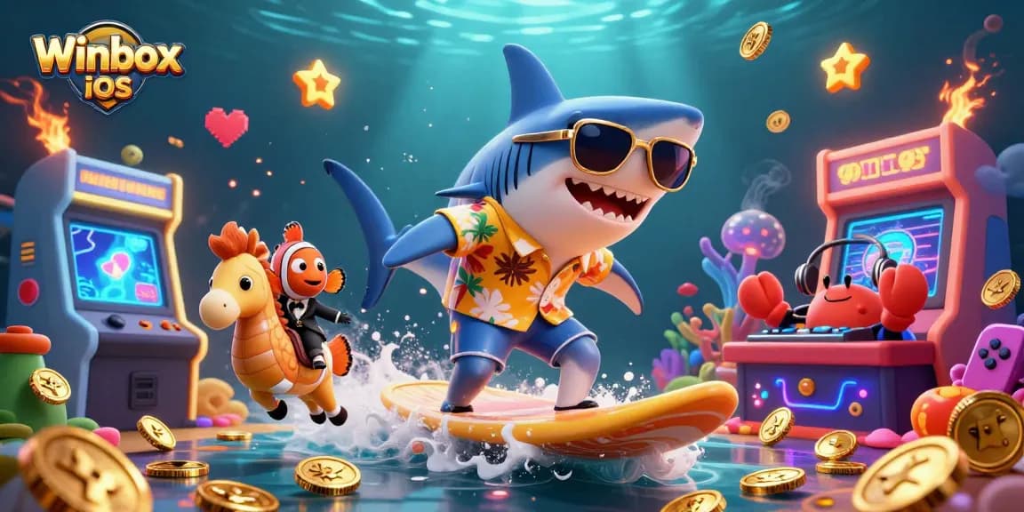 Winbox iOS app showcases a cartoon shark surfing on gold coins amidst gambling-themed elements.
