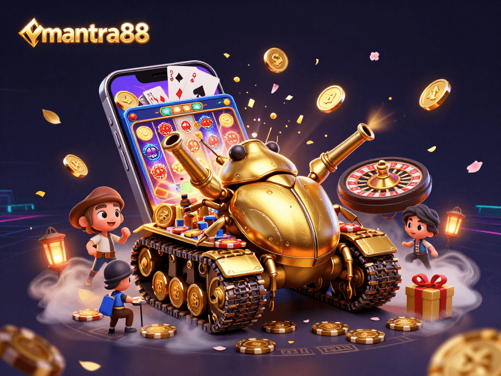 Experience the thrill of mantra88's gaming universe with a dynamic golden beetle tank revealing an exciting casino inside.
