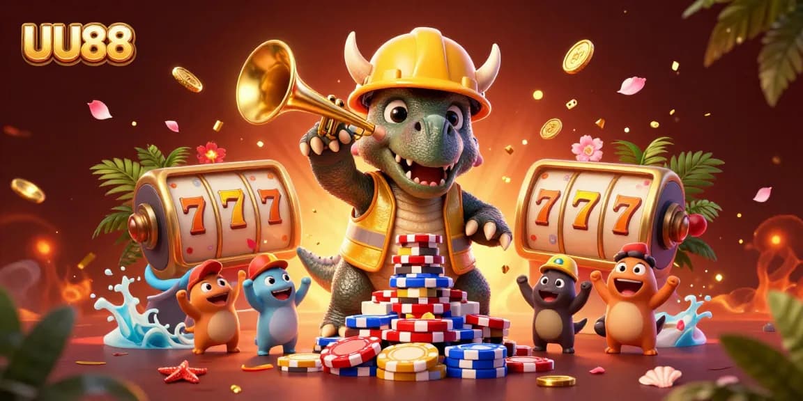 UU88 brings excitement as triceratops builds a poker chip pyramid amid slot reels and festive elements.
