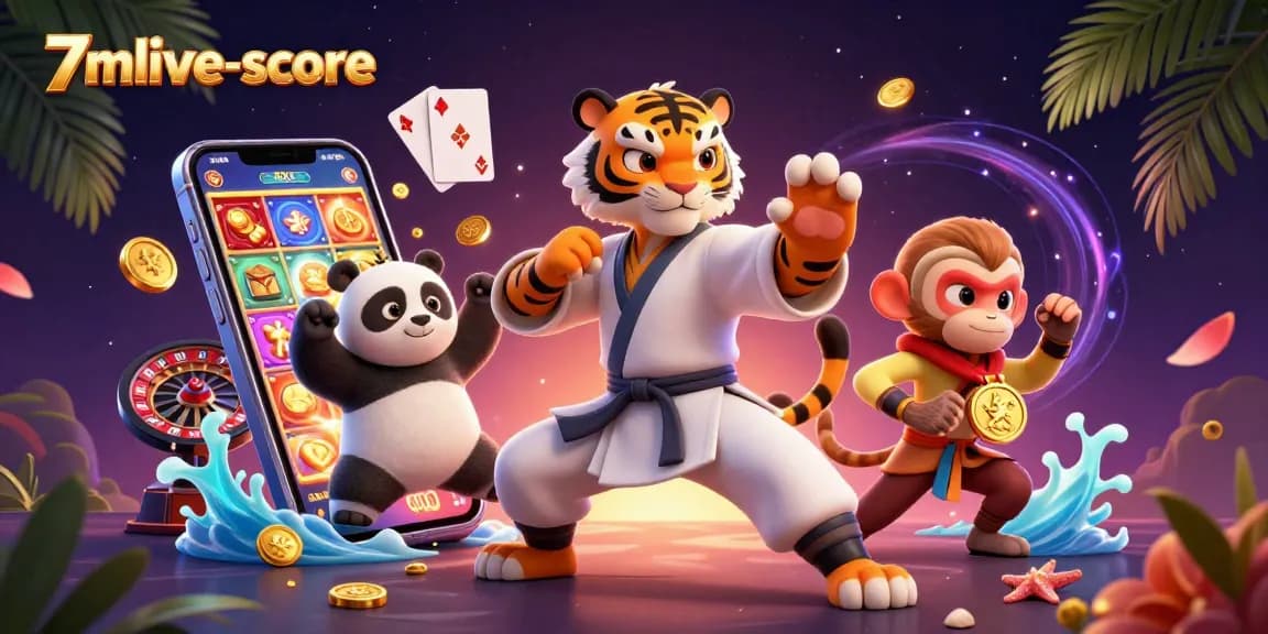 Engage in thrilling gameplay at 7mlive-score with cartoon tiger, panda, and monkey surrounded by casino elements.