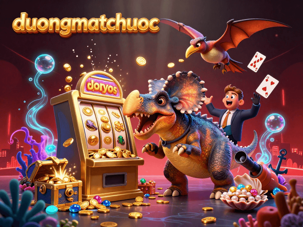 Engage with duongmatchuoc as a pachycephalosaurus triggers jackpot coins while a pteranodon catches gold.