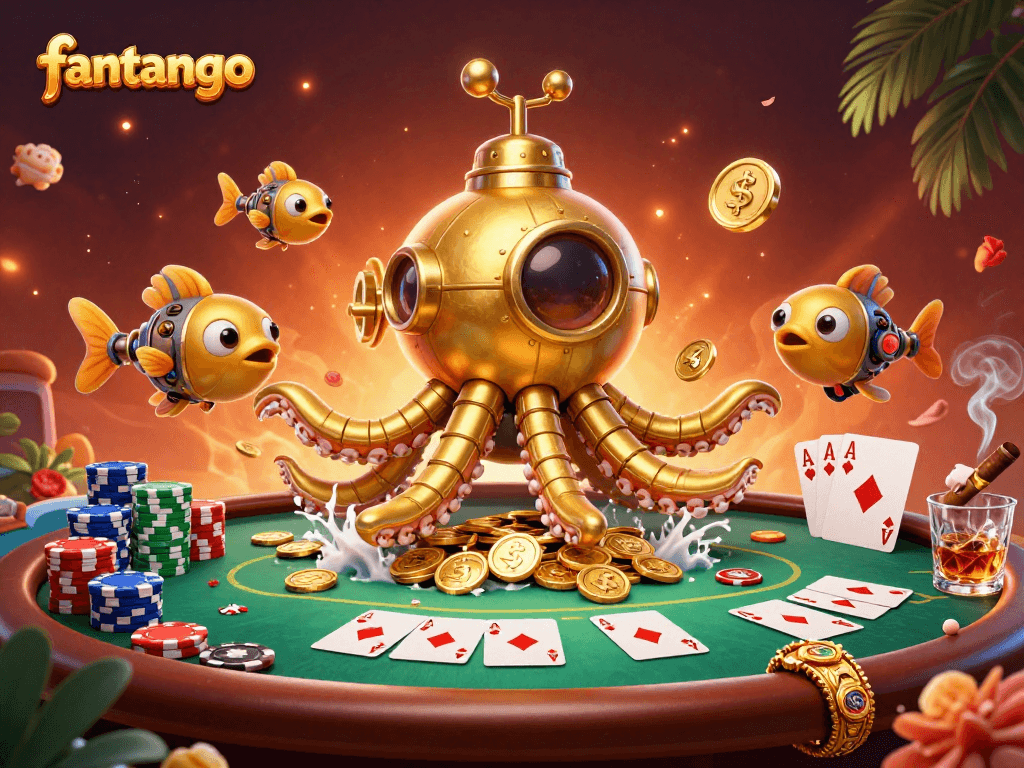 Experience the excitement of fantango with a golden kraken submarine amidst dynamic casino elements.