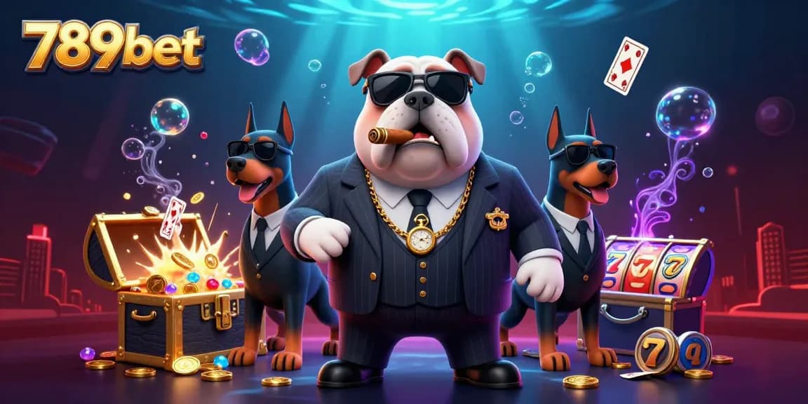 Experience the thrill of 789bet with a mafia bulldog and Doberman bodyguards amidst casino treasures.