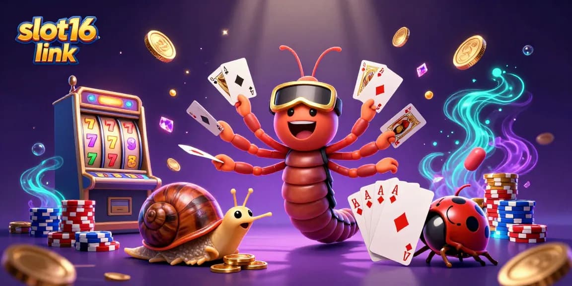 Experience the thrill of the slot16 link with vibrant casino action, featuring a millipede dealer and colorful poker elements.