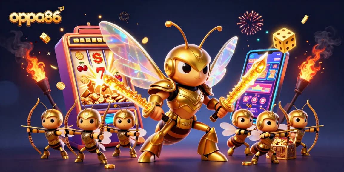 Experience the excitement of oppa86 as golden coins and slot symbols burst from a 3D scene.