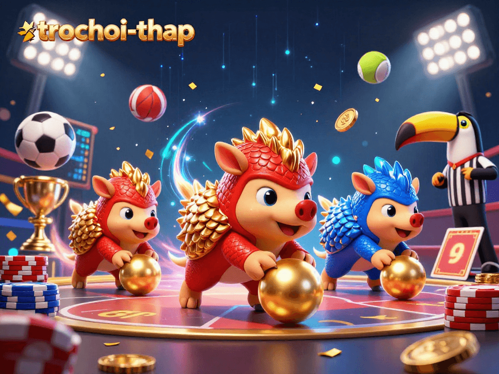 Engage in trochoi-thap with lively pangolins bowling over poker chips amidst vibrant casino elements.