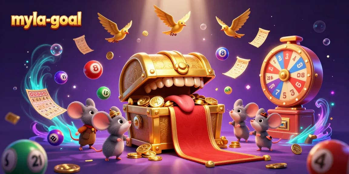 Experience the thrill of myla-goal with vibrant lottery elements and a treasure chest promising riches.