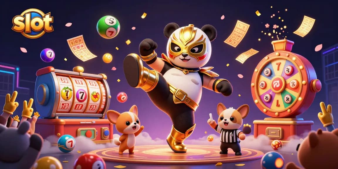 Slot gacor menampilkan panda pejuang beraksi dengan simbol keberuntungan dalam suasana meriah.