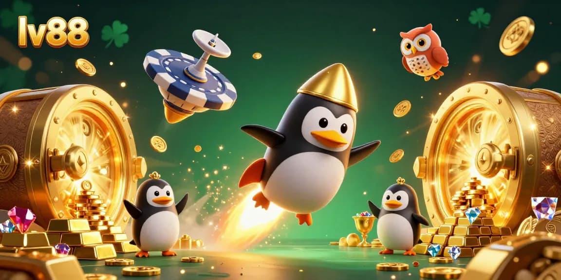Experience the thrilling world of lv88 as a golden penguin soars towards a dazzling casino space station.