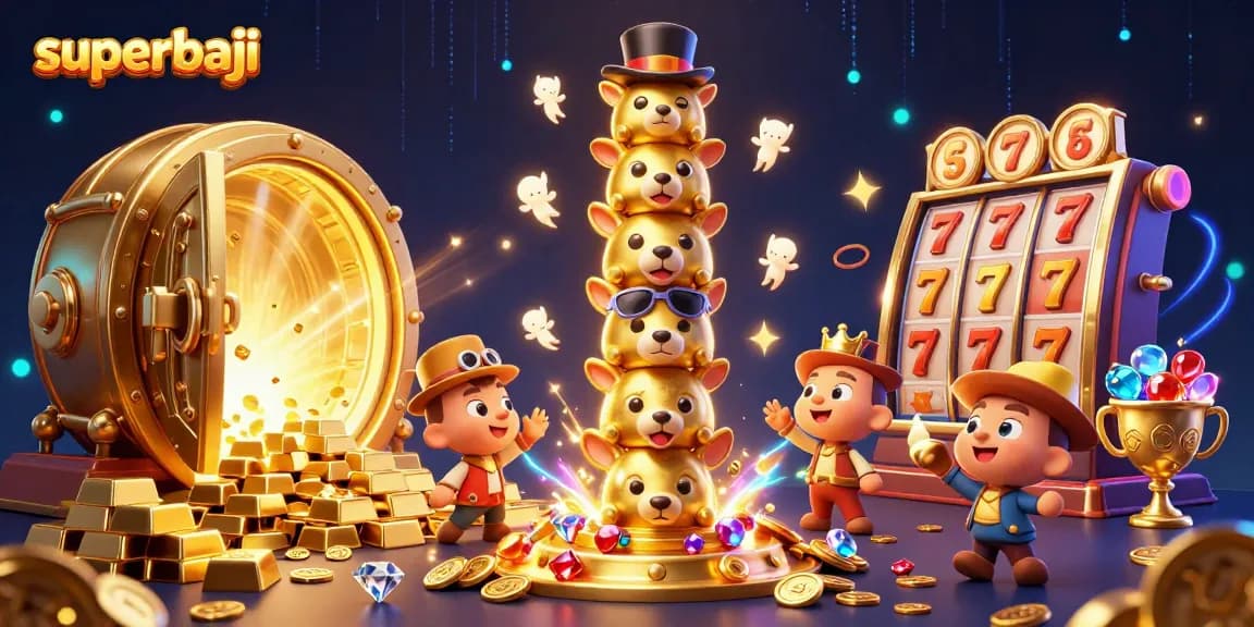 Experience responsible gaming with superbaji in a vibrant 3D cartoon casino scene filled with gold and excitement.